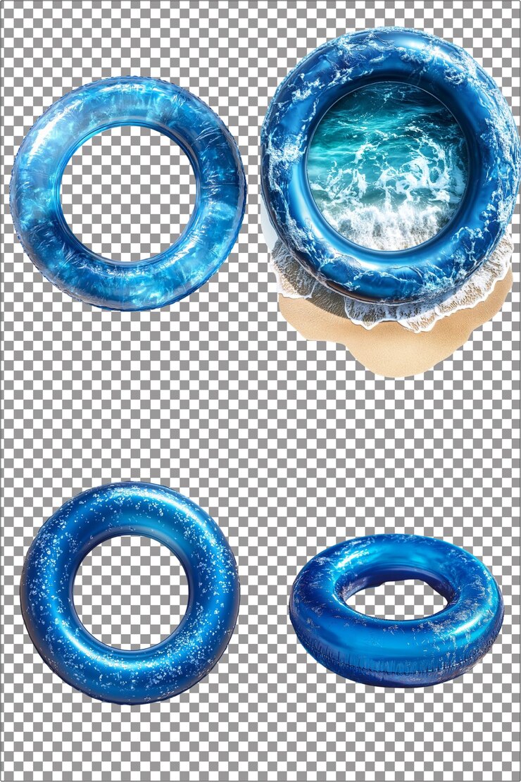 Anillo de natación azul en la playa de arena listo para la relajación en la orilla del mar hiperrealista ingenio aislado de PNG