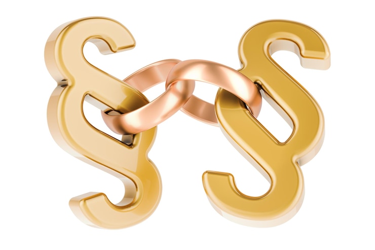 PSD anillos de boda de oro con símbolos de párrafo de sección renderización 3d aislados en fondo transparente