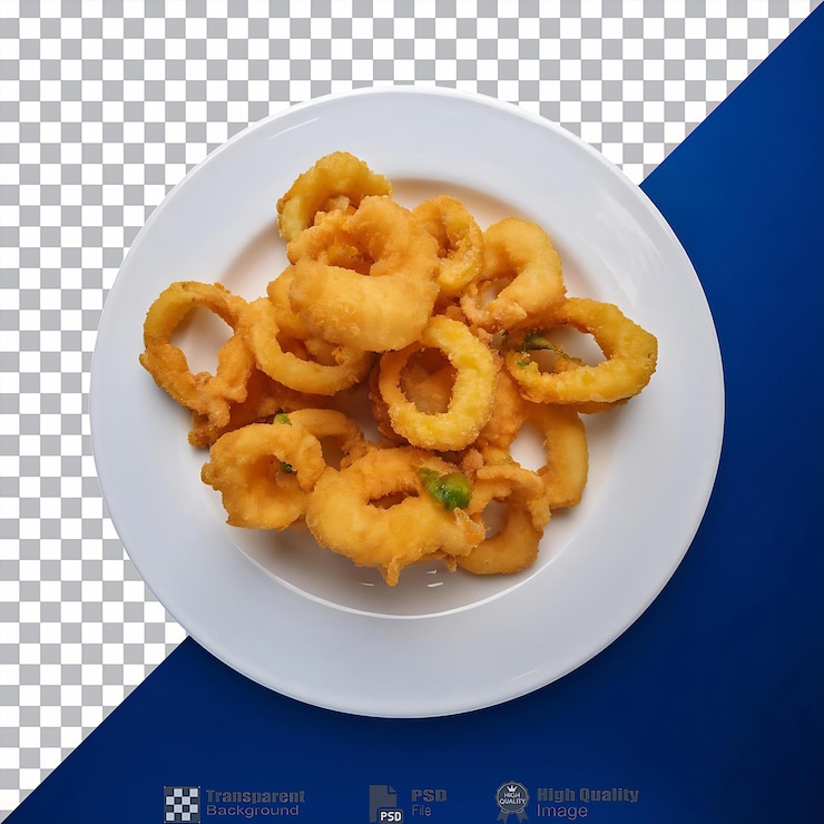 PSD anillos de cebolla fritos en un plato aislado