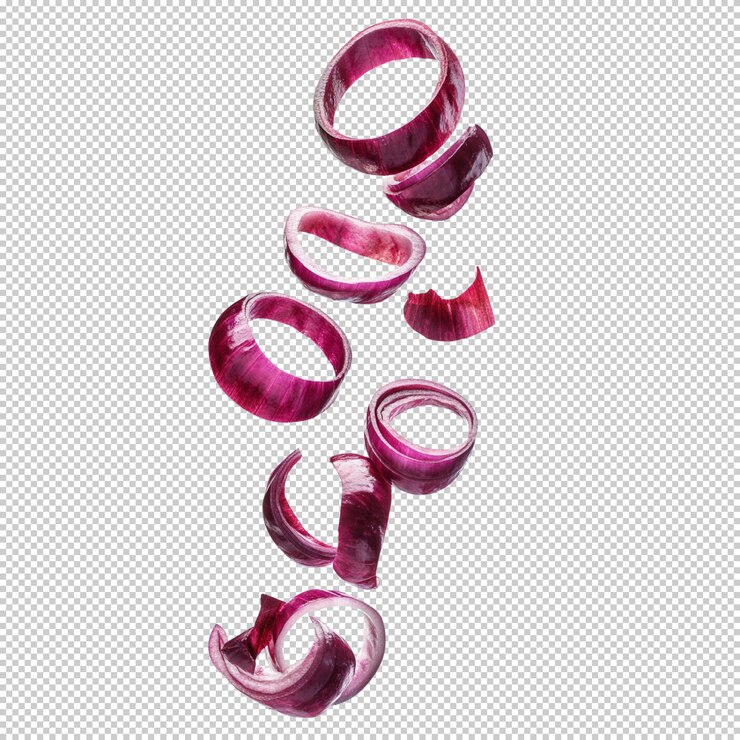 PSD anillos de cebolla roja de diferentes tamaños aislados sobre un fondo transparente