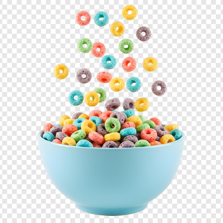 PSD anillos de cereales de colores que caen en un cuenco azul claro