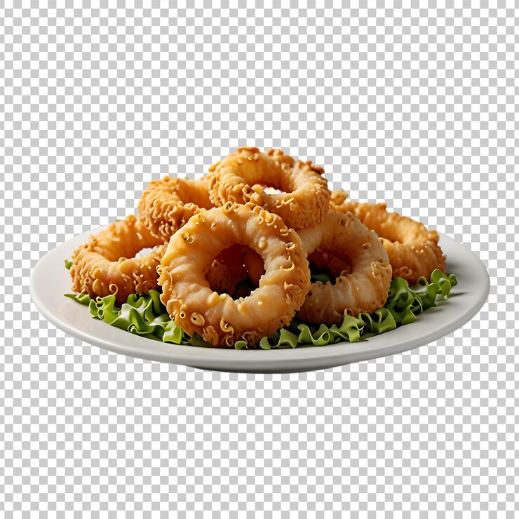PSD anillos tiernos de calamares fritos aislados sobre un fondo transparente