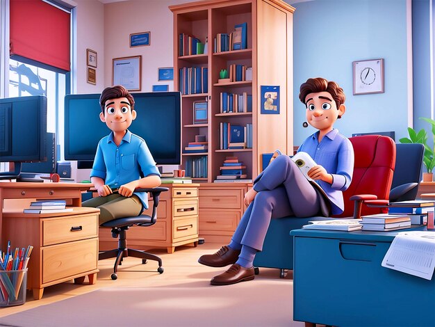 Animação em 3d estilo de ver notícias no escritório sala de casa escritório em casa