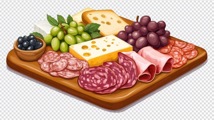 PSD un animado tablero de charcutería con una variedad de quesos, carnes curadas y frutas frescas en un plato de madera perfecto para compartir en las reuniones