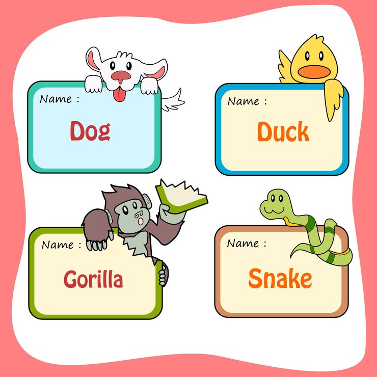 PSD animais de desenho animado bonitos com rótulos de nome