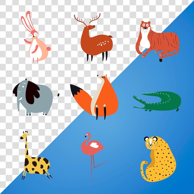 Animais selvagens png coloridos adesivos bonitos doodle coleção de desenhos animados