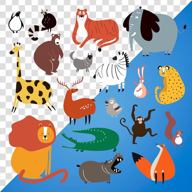 Animais selvagens png coloridos adesivos bonitos doodle conjunto de desenhos animados