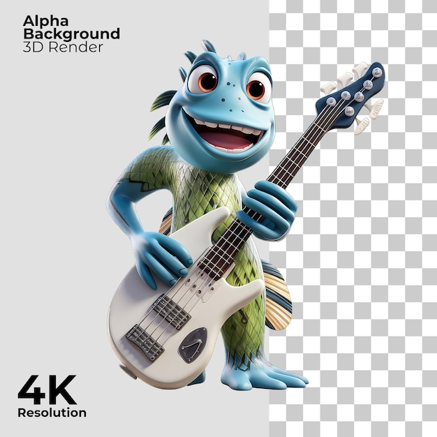 PSD animal 3d tocando guitarra em estilo rock isolado em fundo transparente