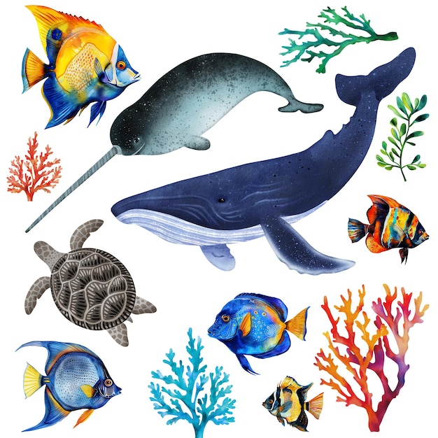 Animal marinho Animal de água salgada Sob o mar Aquarela de animal marinho isolado em fundo branco