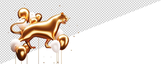 PSD animal tigre doré 3d avec des ballons réalistes, de petites boules et un espace de copie sur fond blanc png.