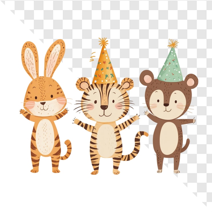 PSD animales adorables celebran una alegre fiesta de cumpleaños con sombreros festivos
