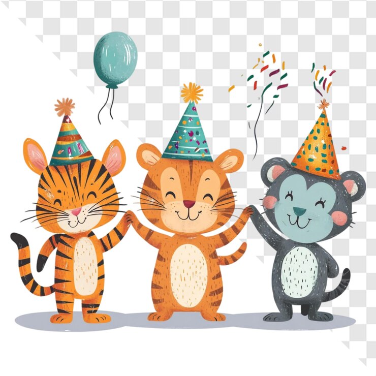 PSD animales alegres celebran una fiesta de cumpleaños con sombreros y confeti es una ocasión feliz