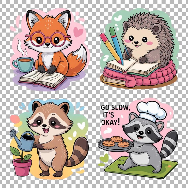PSD animales de dibujos animados lindos, zorro, mapaches y erizos disfrutando de las actividades