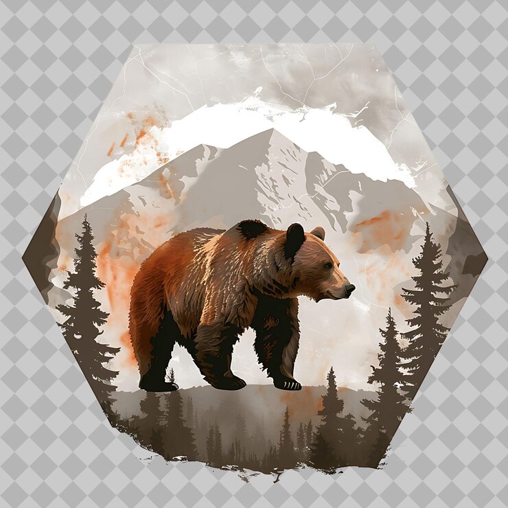 PSD animales de oso marrón dentro de una silueta octagon montaña adorna png acuarela colecciones de vida silvestre