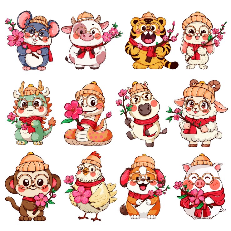 PSD animales del zodiaco chino con flores de cerezo en traje de invierno