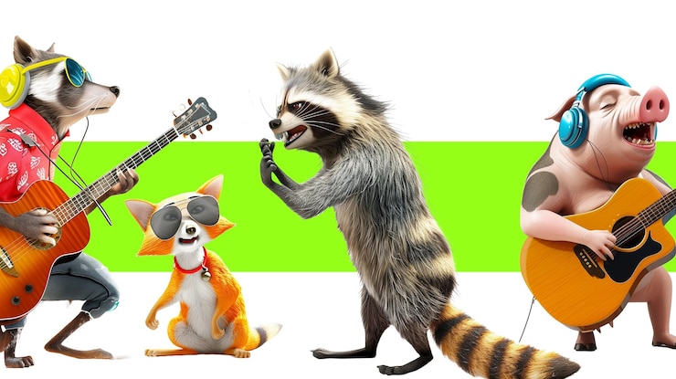 PSD animali dei cartoni animati che suonano musica sul palco