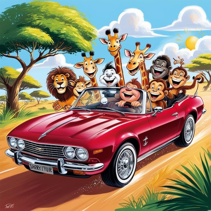 PSD animali del fumetto africa in macchina rossa