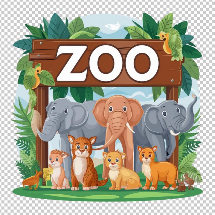 PSD animali selvatici sotto il cartello dello zoo isolati su uno sfondo trasparente