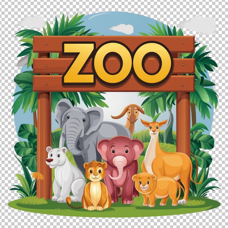 PSD animali selvatici sotto il cartello dello zoo isolati su uno sfondo trasparente