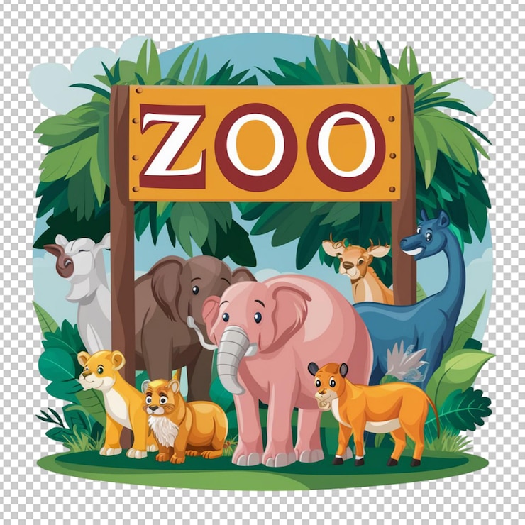 PSD animali selvatici sotto il cartello dello zoo isolati su uno sfondo trasparente