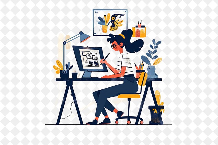 PSD animateur ludique avec des personnages dessinant et animant des dessins animés png les gens dans l'illustration du travail quotidien
