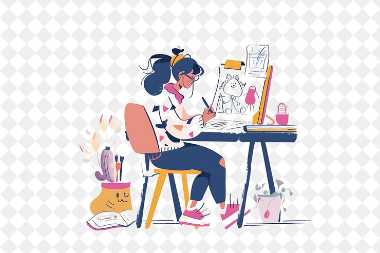 PSD animatore giocoso con personaggi che disegnano e animano cartoni animati png persone nell'illustrazione del lavoro quotidiano