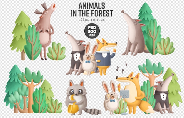 Animaux chantant dans l'illustration de la forêt