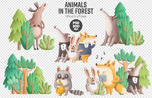 PSD animaux chantant dans l'illustration de la forêt