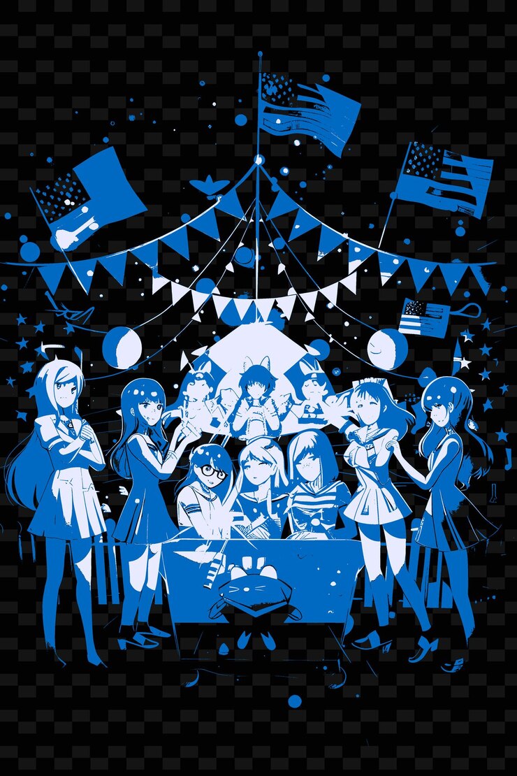 PSD anime themed scene with friends dressed as their favorite an creative illustration idea designs