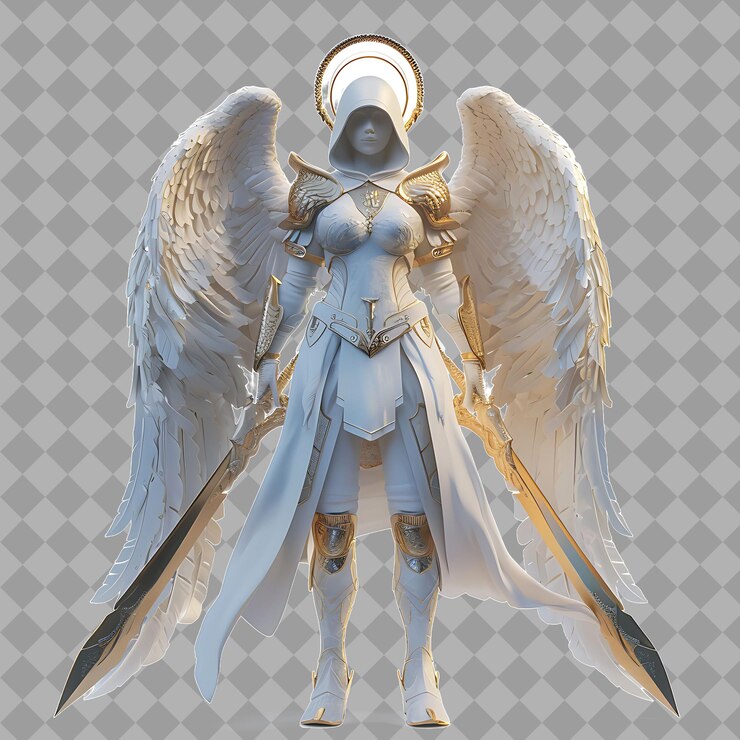 PSD anjo feminino enviado pelo céu guerreiro com forma etérea branco ro isolado render de personagem de alta qualidade