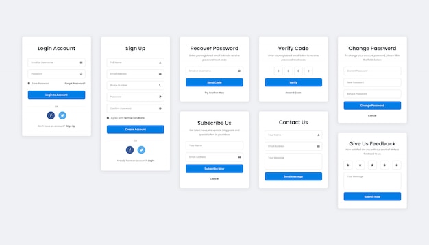 PSD anmelde-, registrierungs-, wiederherstellungs-, überprüfungs-, kontakt-, abonnement- und feedback-formular für web und mobile