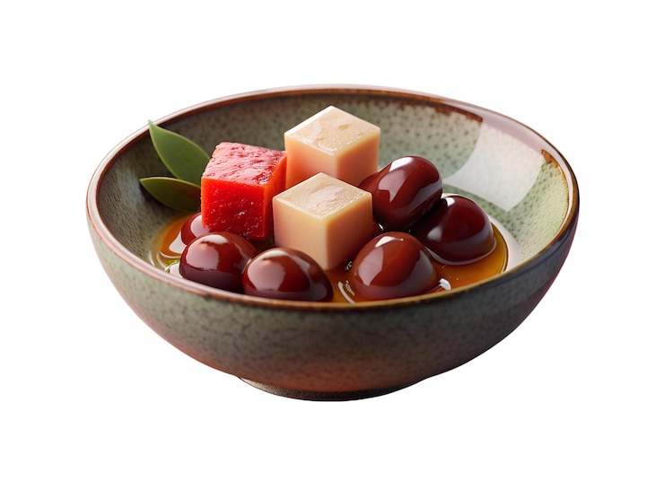 PSD anmitsu japonés un cuenco de anmitsu con cubos de agar, fruta y pasta de frijoles rojos colocados en una placa de cerámica bajo luz natural suave aislada en el fondo