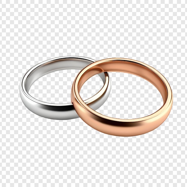 Anneaux de mariage entrelacés en argent et en or rose isolés sur transparent