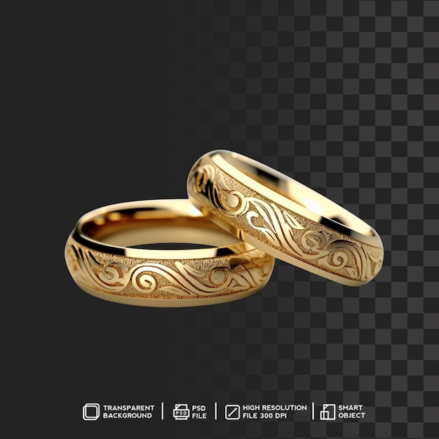 PSD anneaux de mariage en or brillant avec ornement en fond transparent
