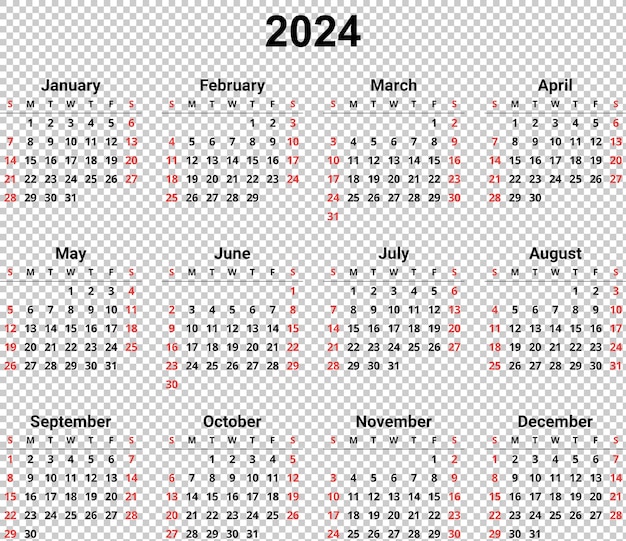 PSD année 2024 calendrier psd illustration transparente imprimable 12 mois la semaine commence le dimanche anglais