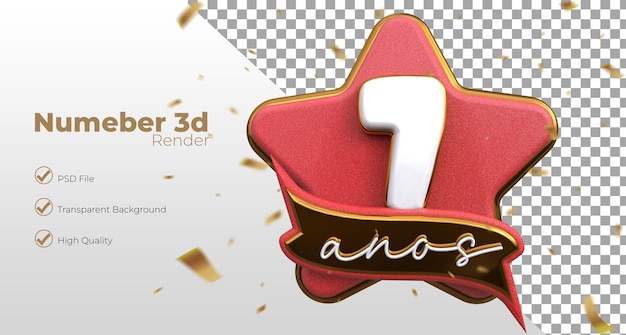 PSD anniversary number 7 in star with glitter and gold border on transparent background