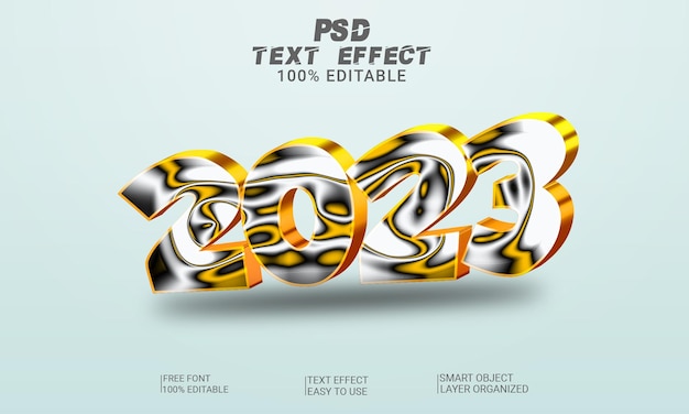 Año nuevo 2023 Archivo PSD de estilo de efecto de texto editable en 3d
