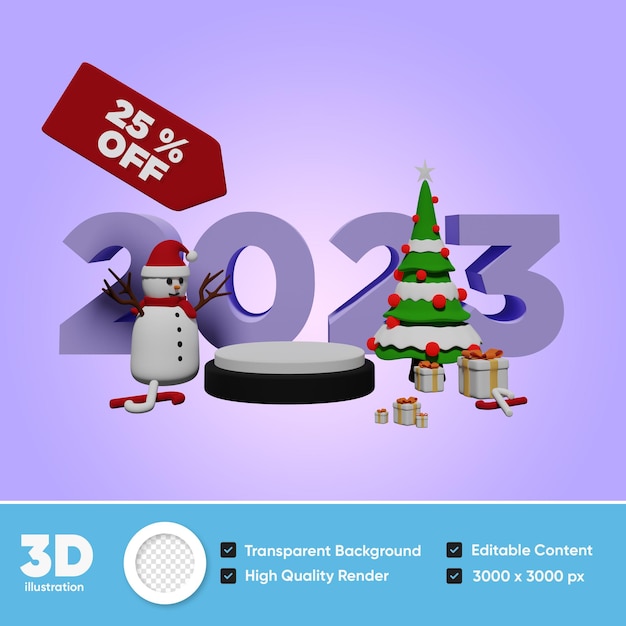 PSD año nuevo 2023 descuento producto podio 3d ilustración png