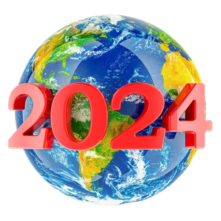 PSD año nuevo 2024 con el concepto de earth globe renderizado en 3d aislado en un fondo transparente