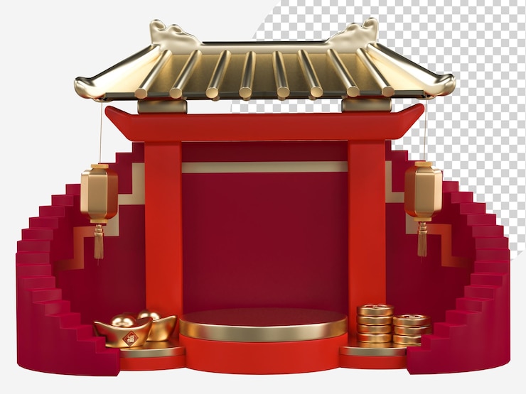 PSD año nuevo chino con 3d realista puerta de entrada china moneda de oro lingotes de oro adornos linternas para presentación pancarta anuncios festival de mediados de otoño concepto de lujo año de la serpiente