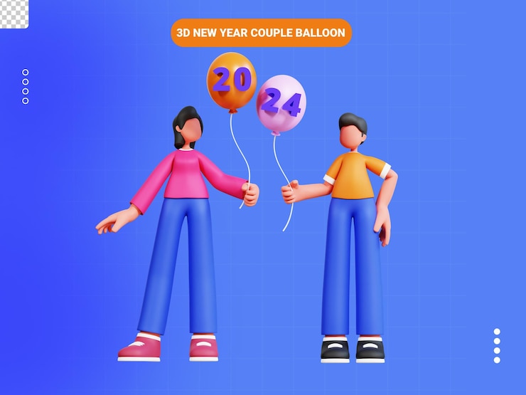 PSD año nuevo pareja globo texto carácter 3d