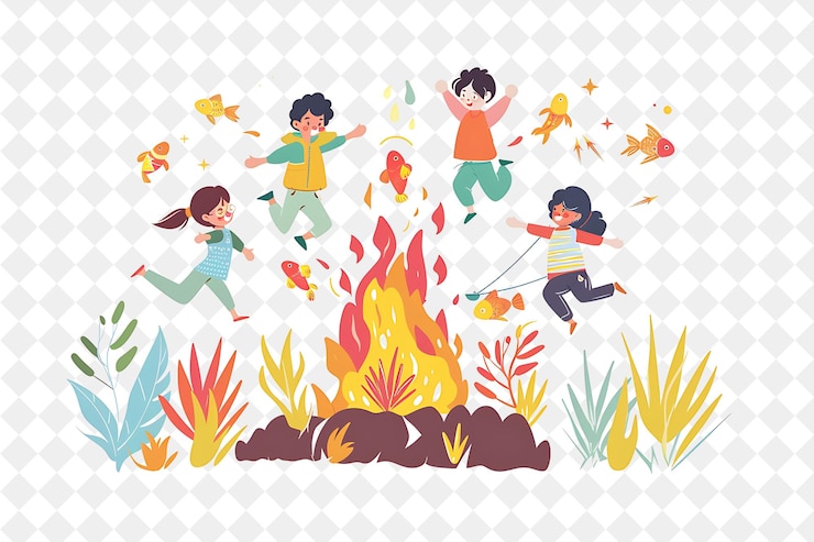 PSD año nuevo persa nowruz con niños saltando por encima de una hoguera festival png ilustraciones de arte plano 2d