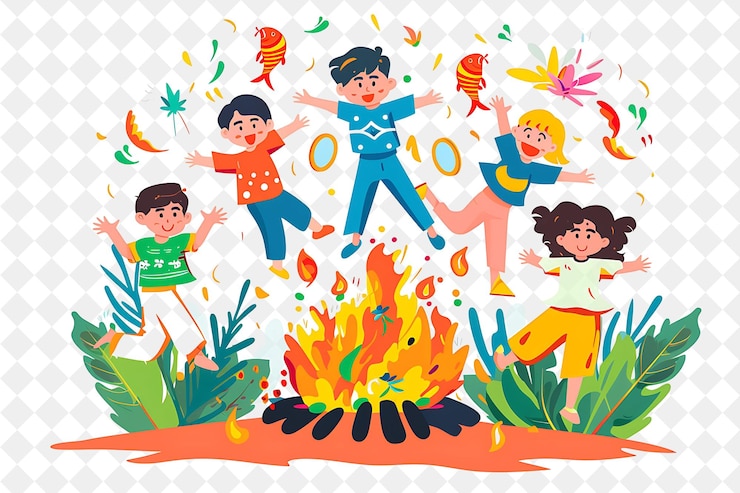 PSD año nuevo persa nowruz con niños saltando por encima de una hoguera festival png ilustraciones de arte plano 2d