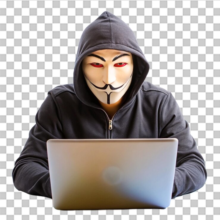 PSD anonymer hacker mit maske isoliert auf durchsichtigem hintergrund