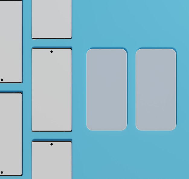 Anordnung moderner Smartphones vor einem blauen Hintergrund