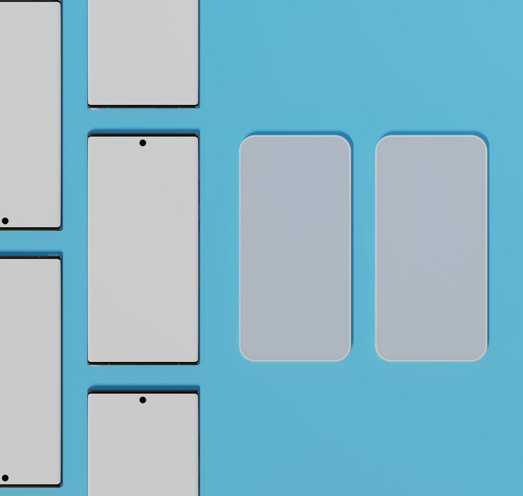 PSD anordnung moderner smartphones vor einem blauen hintergrund