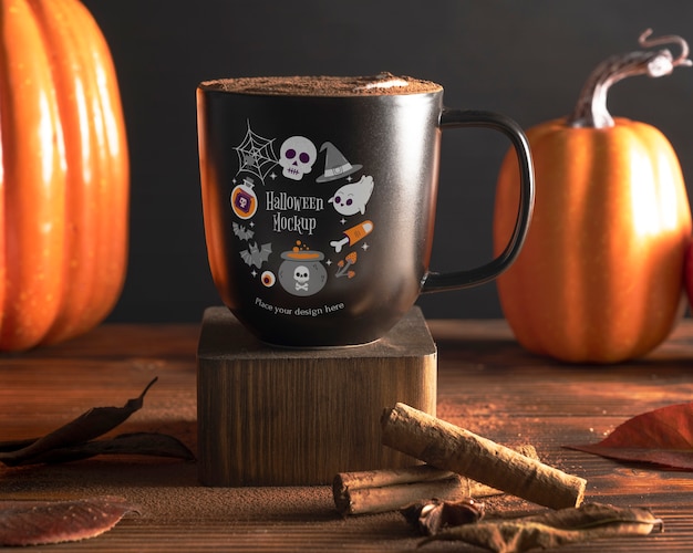 PSD ansicht der tasse für halloween mit dekorationen