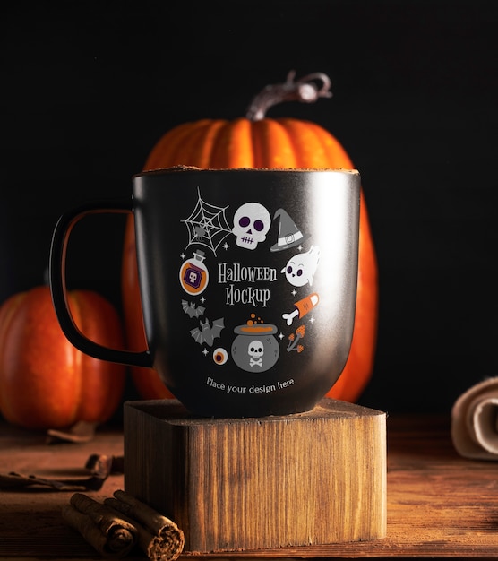 PSD ansicht der tasse für halloween mit dekorationen