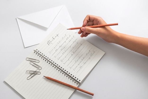 Ansicht einer Person, die mit Bleistift auf Papier schreibt