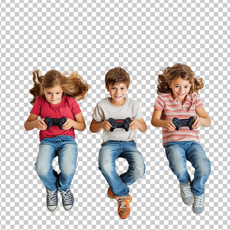 PSD ansicht von kindern, die gemeinsam videospiele auf durchsichtigem hintergrund spielen